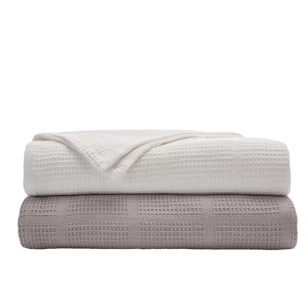 Waffle Grid 1-Piece White Cotton Twin Blanket