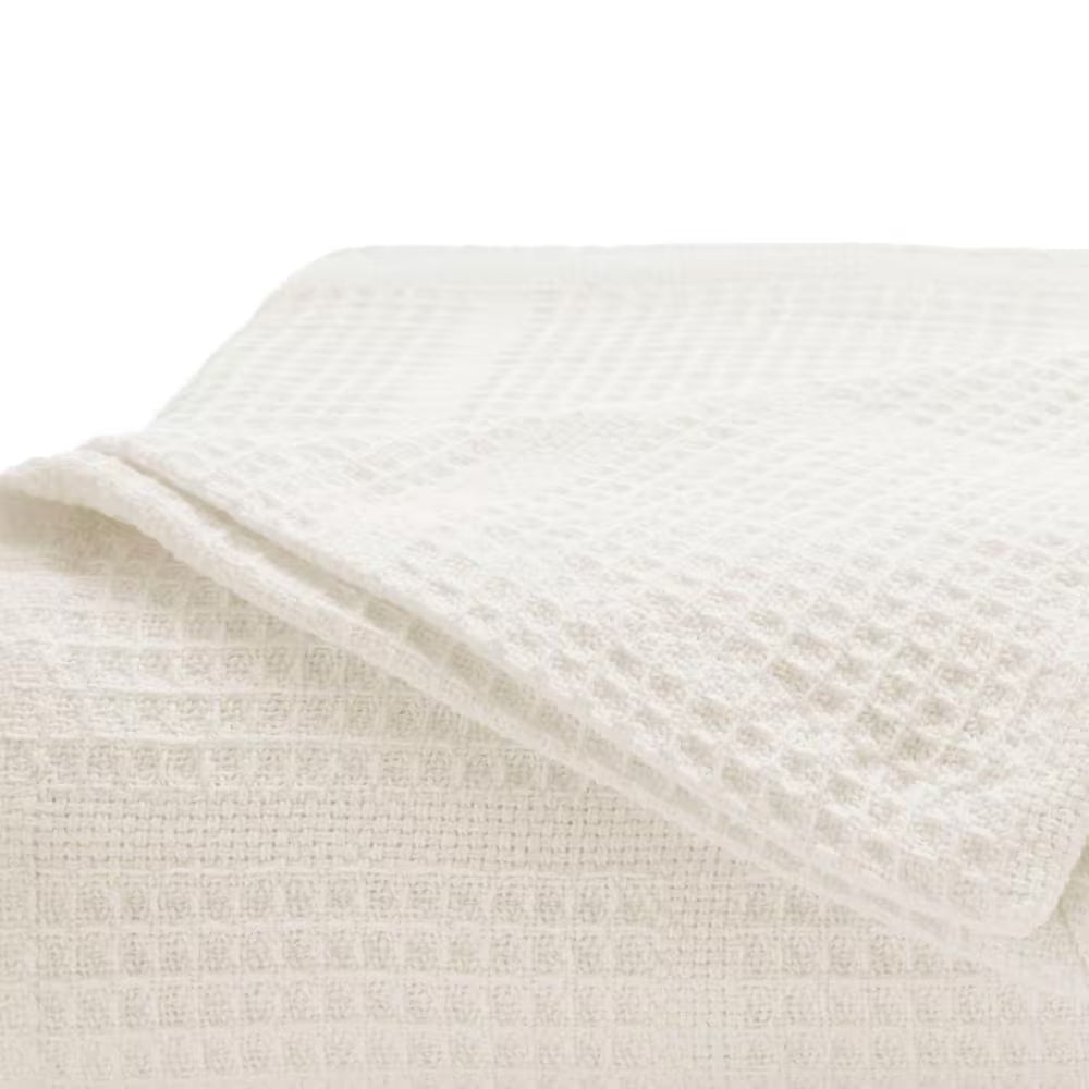 Waffle Grid 1-Piece White Cotton Twin Blanket