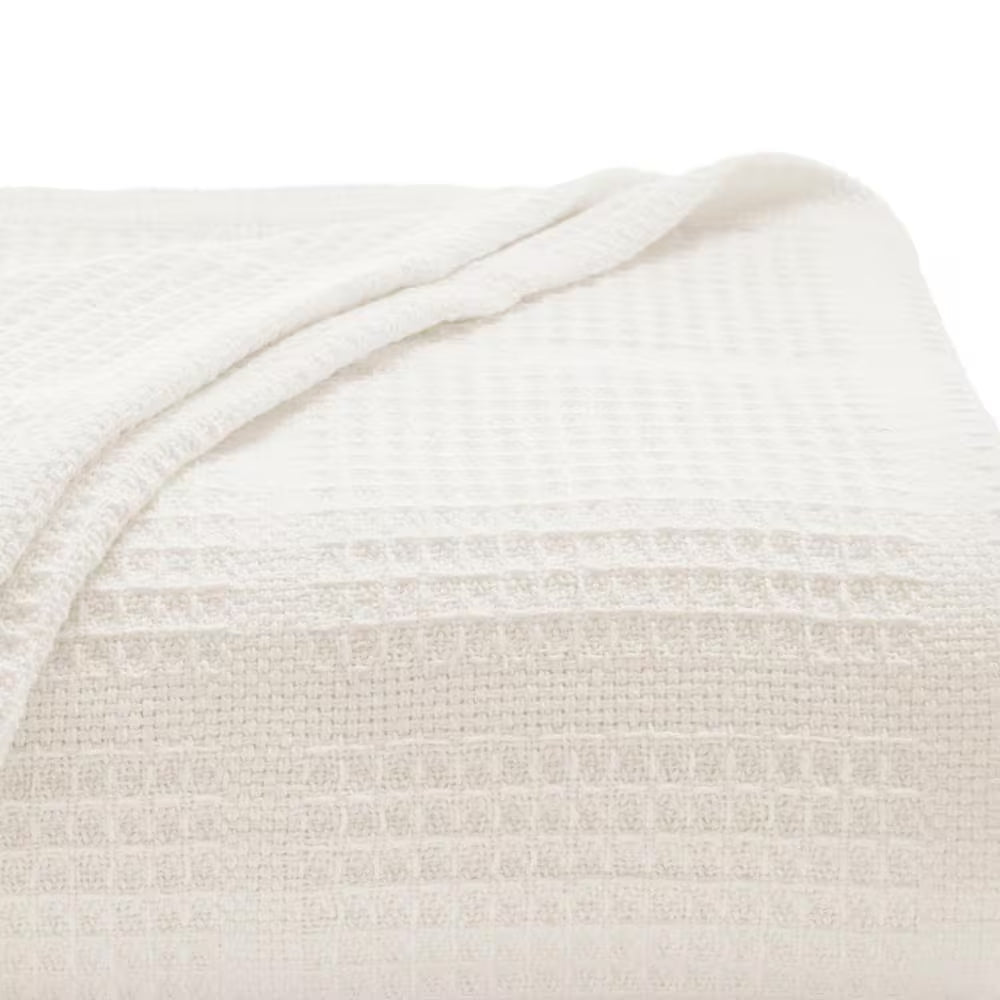 Waffle Grid 1-Piece White Cotton Twin Blanket